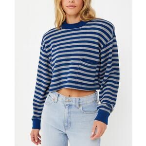Vintage JCP fragile Crewneck Striped Pocket Crop Long Sleeve Tee SIze L